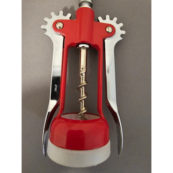 Red/Silver Corkscrew Wine Bottle Opener w/Fins - Push Down - 6-1/2" - Italy - Picture 6 of 9